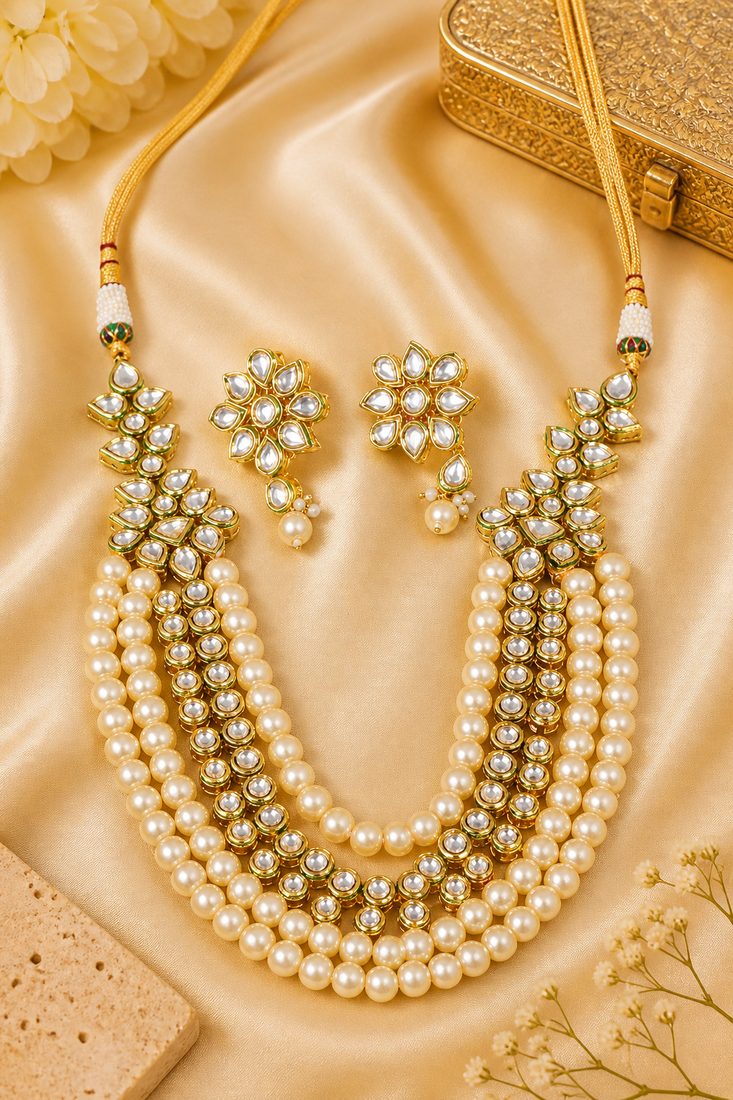 Gold Plated Pearl Multi Layer Kundan Necklace Set