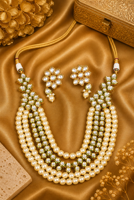 Gold Plated Pearl Multi Layer Kundan Necklace Set 2