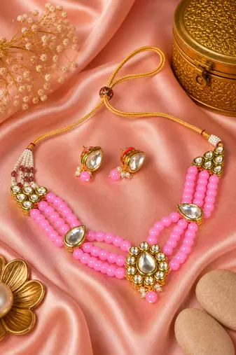 Gold plated beaded kundan choker necklace set