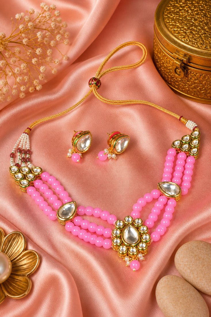 Gold plated beaded kundan choker necklace set