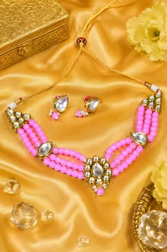 Gold plated beaded kundan choker necklace set