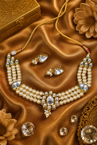 Kundan Pearl Choker Necklace Set Gold Plated