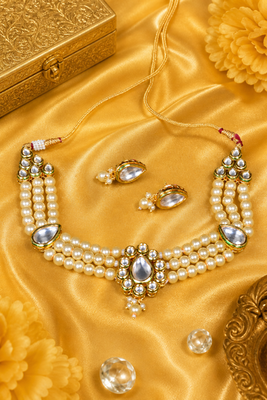Kundan Pearl Choker Necklace Set Gold Plated 2