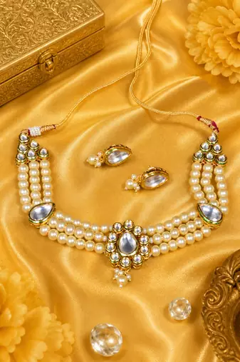 Kundan Pearl Choker Necklace Set Gold Plated