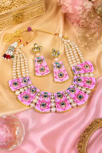Gold plated pink meenakari kundan necklace