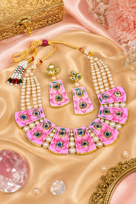 Gold plated pink meenakari kundan necklace 2