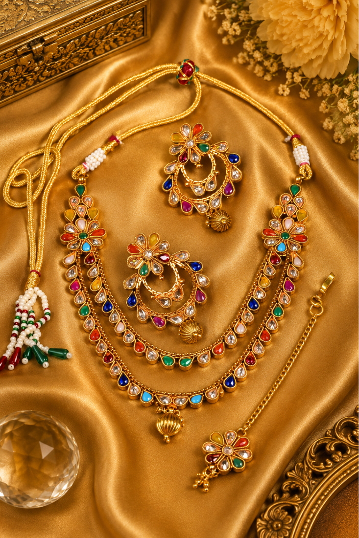Multi stone gold plated layered necklace set