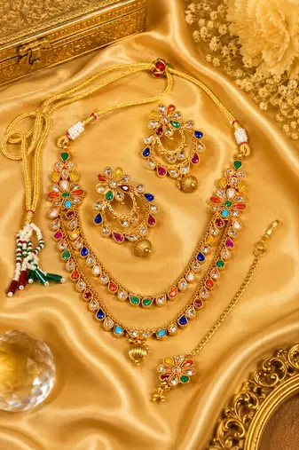Multi stone gold plated layered necklace set