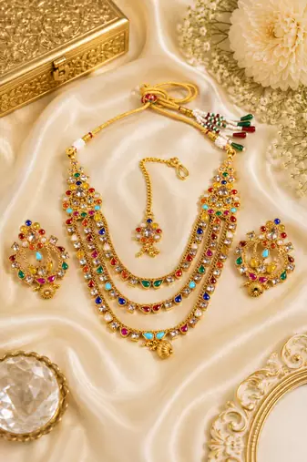 Gold Plated Multi Stone Layered Necklace Set