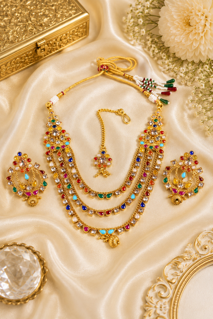 Gold Plated Multi Stone Layered Necklace Set