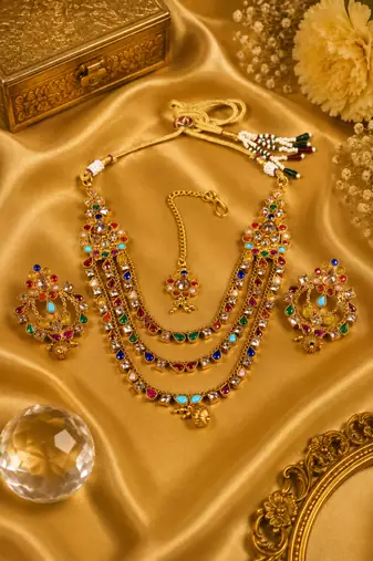 Gold Plated Multi Stone Layered Necklace Set