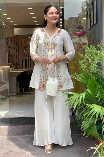 Designer off white silk embroidered kurta palazzo co-ord set for women