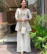 Designer off white silk embroidered kurta palazzo co-ord set for women