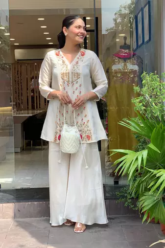 off white silk blend embroidered co-ord set