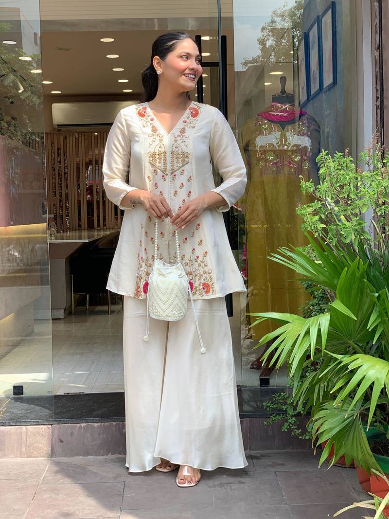Designer off white silk embroidered kurta palazzo co-ord set for women