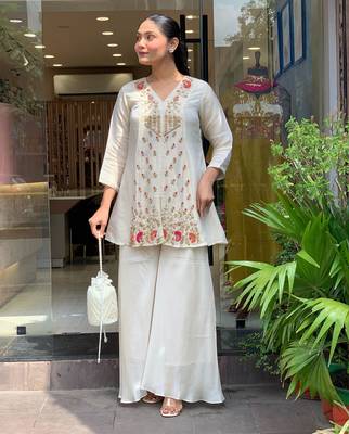 off white silk blend embroidered co-ord set 3