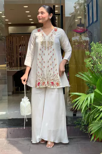 off white silk blend embroidered co-ord set
