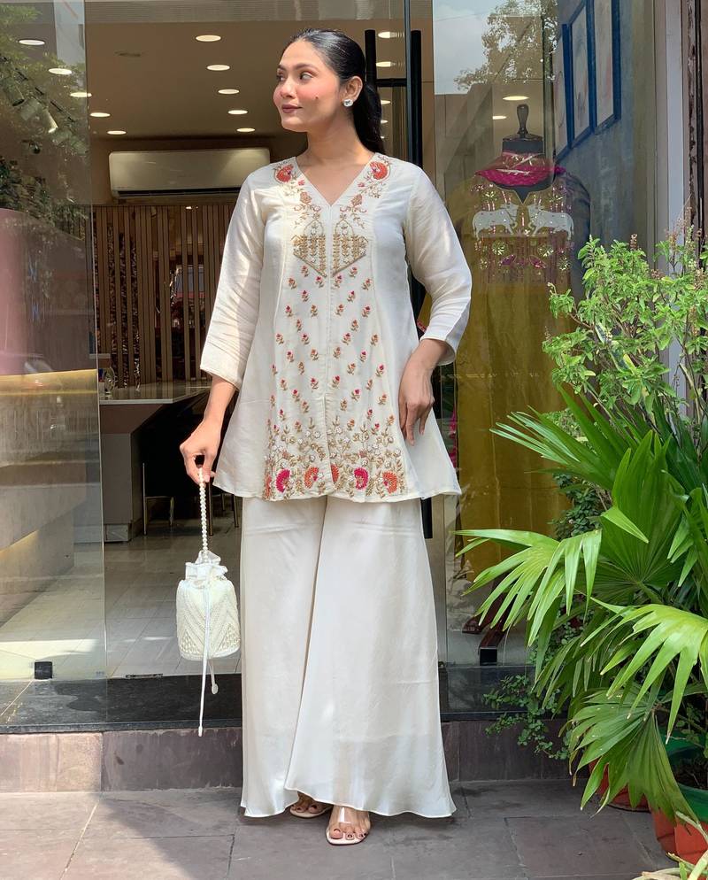 Designer off white silk embroidered kurta palazzo co-ord set for women