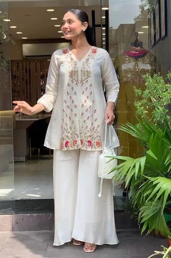 off white silk blend embroidered co-ord set