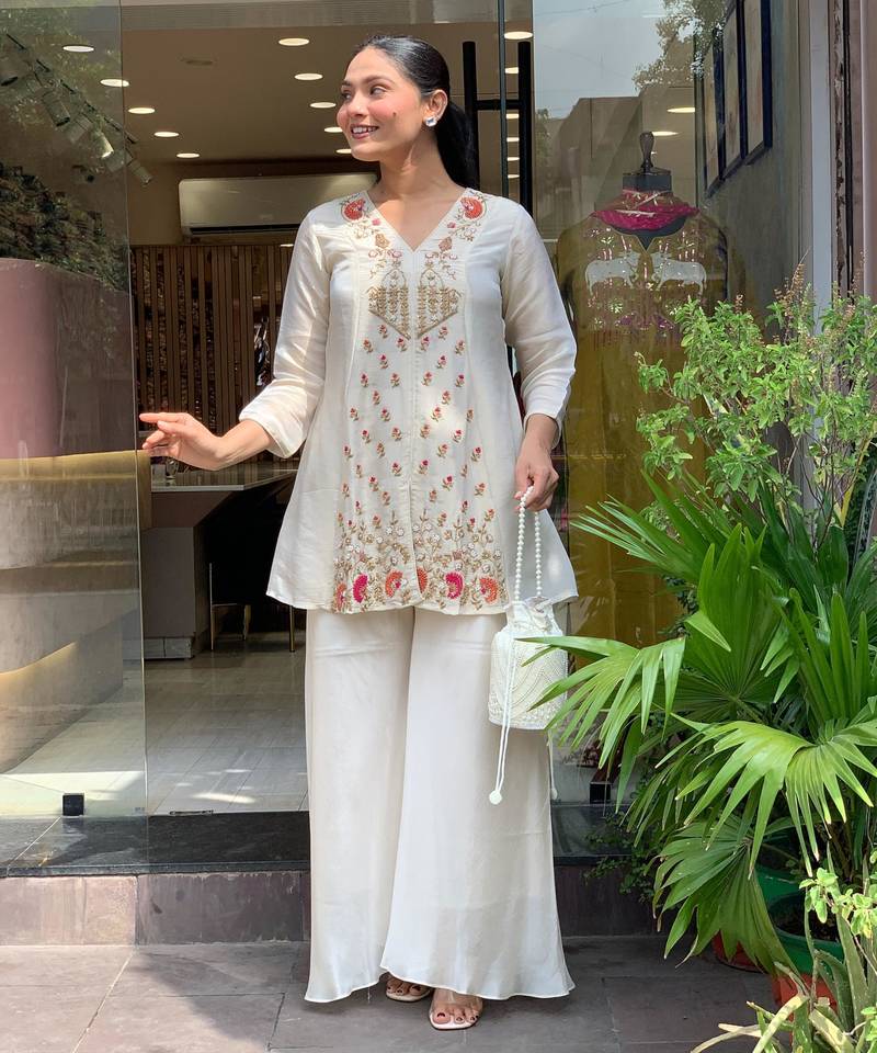 Designer off white silk embroidered kurta palazzo co-ord set for women