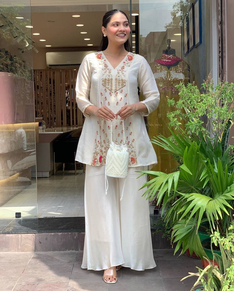 Designer off white silk embroidered kurta palazzo co-ord set for women