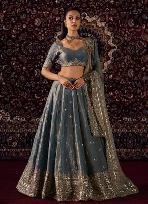 dusty blue embroidered fabric lehenga set for women 1