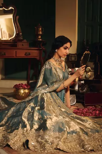 dusty blue embroidered fabric lehenga set for women