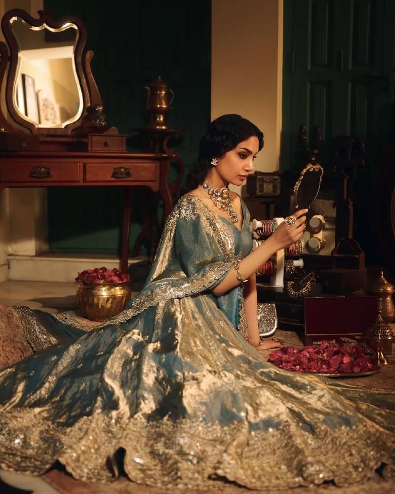 Dusty Blue Embroidered Lehenga Set For Women's 
