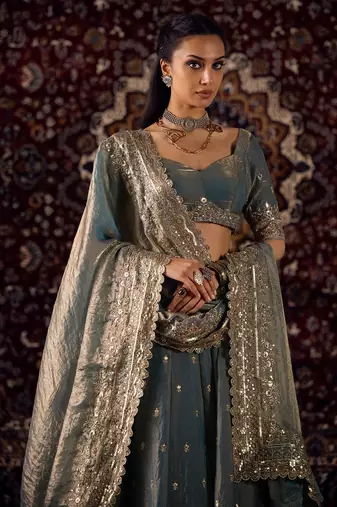 dusty blue embroidered fabric lehenga set for women