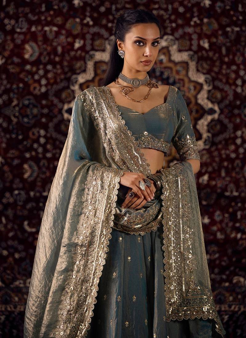 Dusty Blue Embroidered Lehenga Set For Women's 