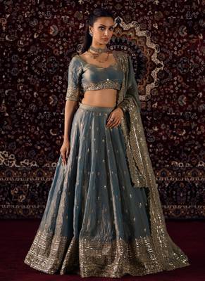 dusty blue embroidered fabric lehenga set for women 4