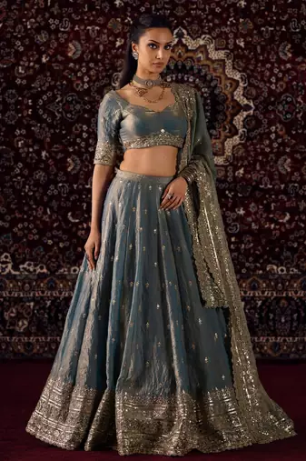 dusty blue embroidered fabric lehenga set for women