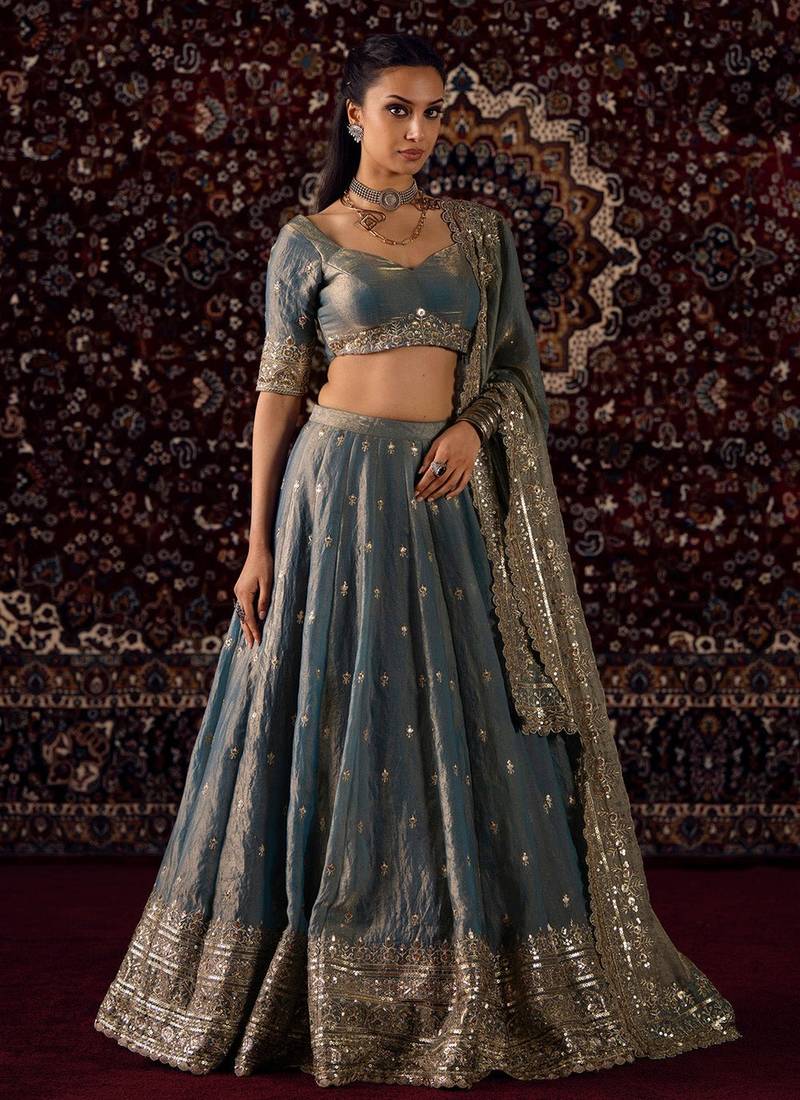 Dusty Blue Embroidered Lehenga Set For Women's 