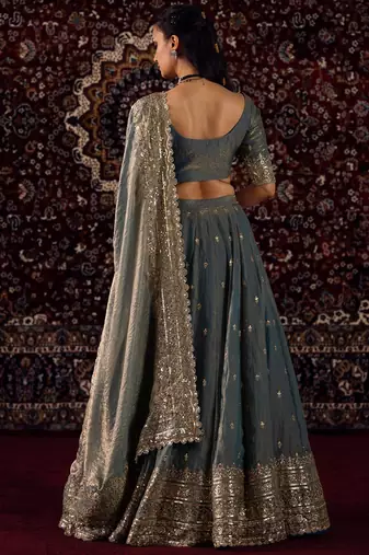 dusty blue embroidered fabric lehenga set for women