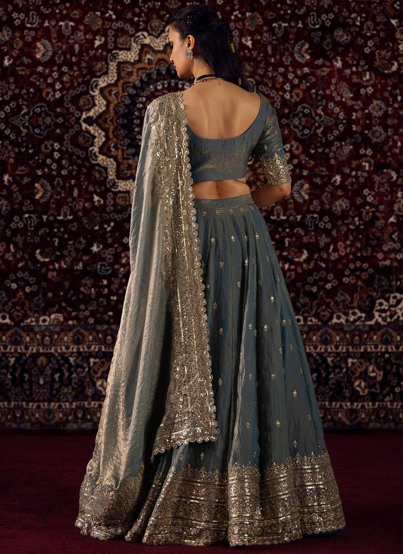 Dusty Blue Embroidered Lehenga Set For Women's 