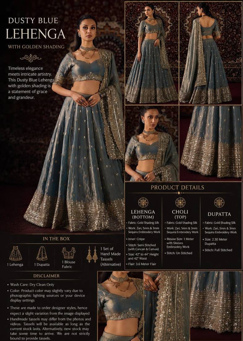 Dusty Blue Embroidered Lehenga Set For Women's 