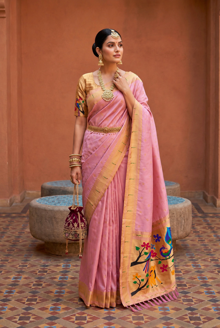 Pink Color zari weawing Work Silk Saree