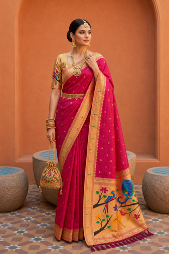 Rani Pink Color zari weawing Work Silk Saree