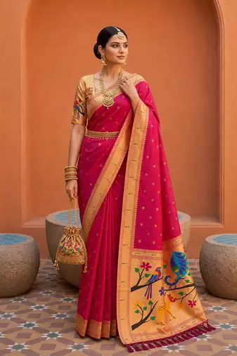 Rani Pink Color zari weawing Work Silk Saree