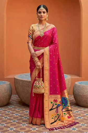 Rani Pink Color zari weawing Work Silk Saree
