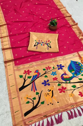 Rani Pink Color zari weawing Work Silk Saree