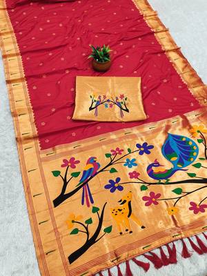 Red Color zari weawing Work Silk Saree 3