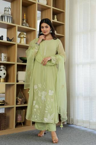 Designer pastel green chanderi silk embroidered suit set with dupatta for women