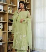 Designer pastel green chanderi silk embroidered suit set with dupatta for women