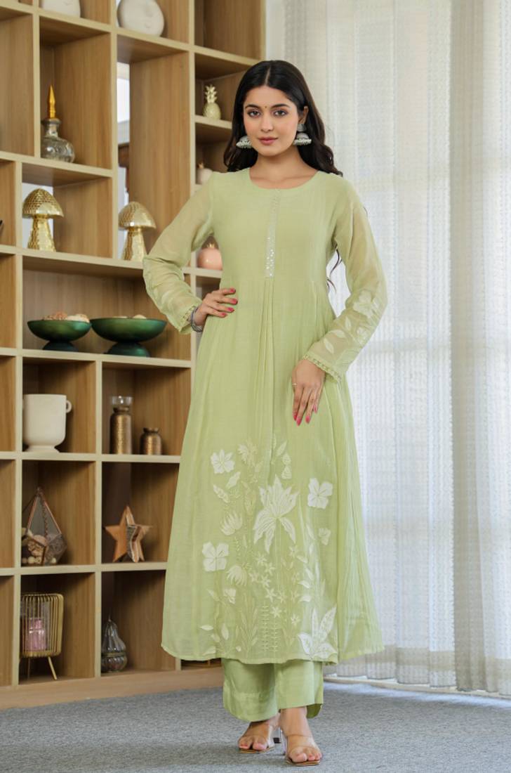 Designer pastel green chanderi silk embroidered suit set with dupatta for women