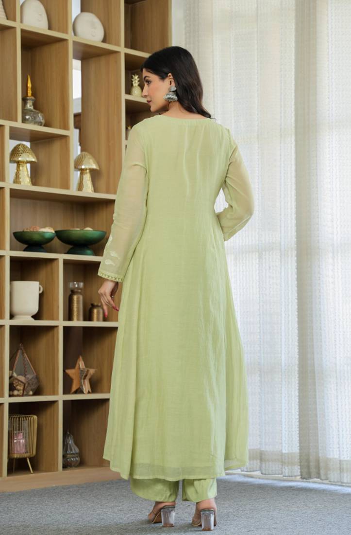 Designer pastel green chanderi silk embroidered suit set with dupatta for women