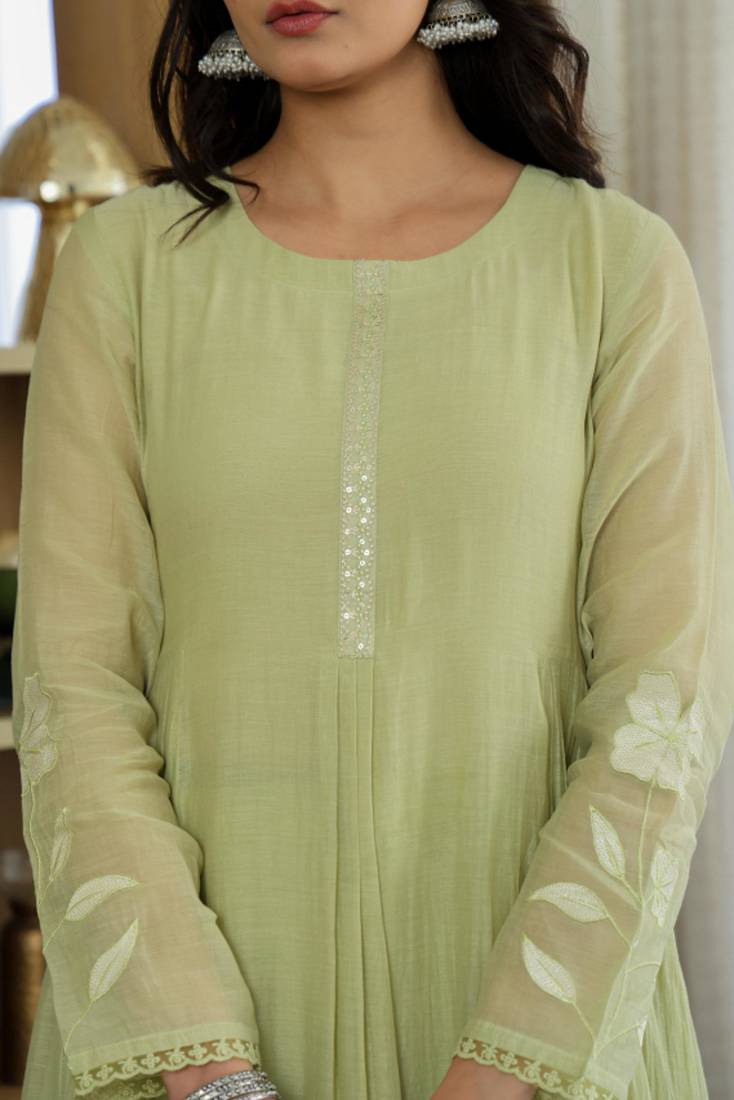 Designer pastel green chanderi silk embroidered suit set with dupatta for women