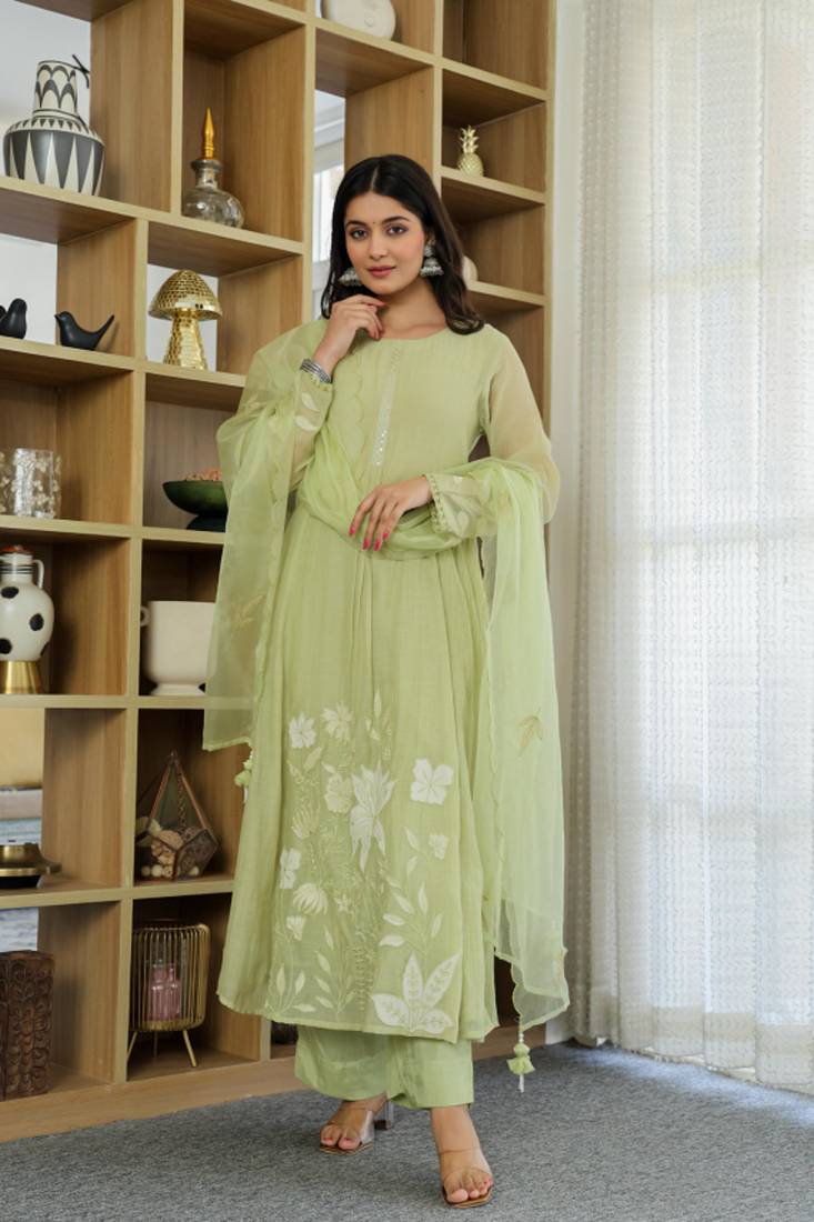 Designer pastel green chanderi silk embroidered suit set with dupatta for women
