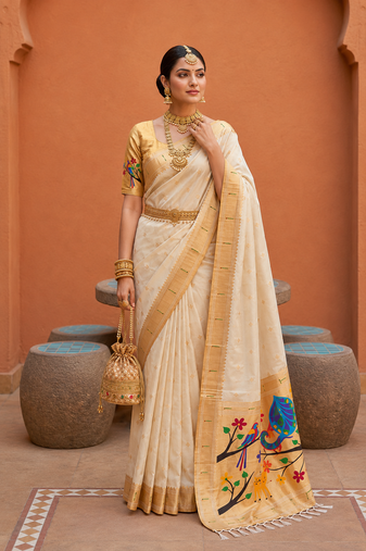 White Color zari weawing Work Silk Saree