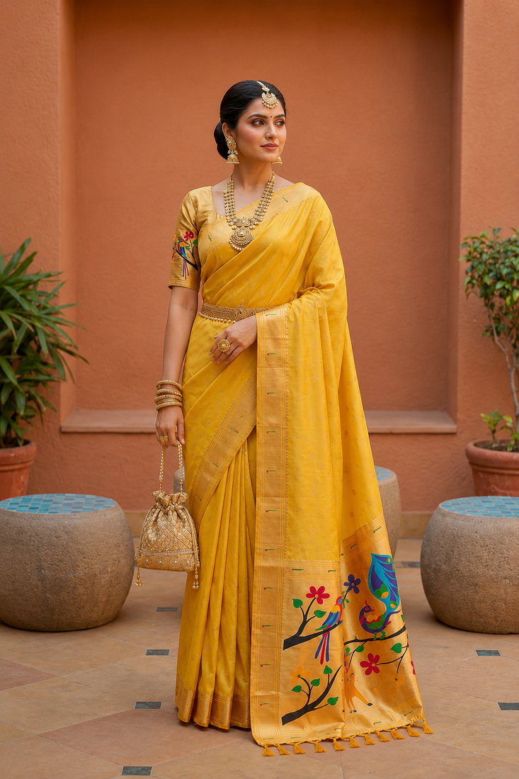Yellow Color zari weawing Work Silk Saree